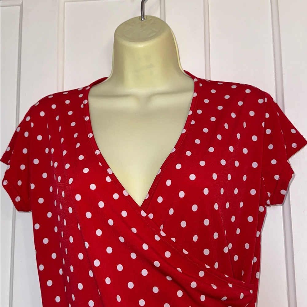 Joseph Ribkoff Red with‎ White Polka Dots Wrap Look Cap Sleeve Blouse